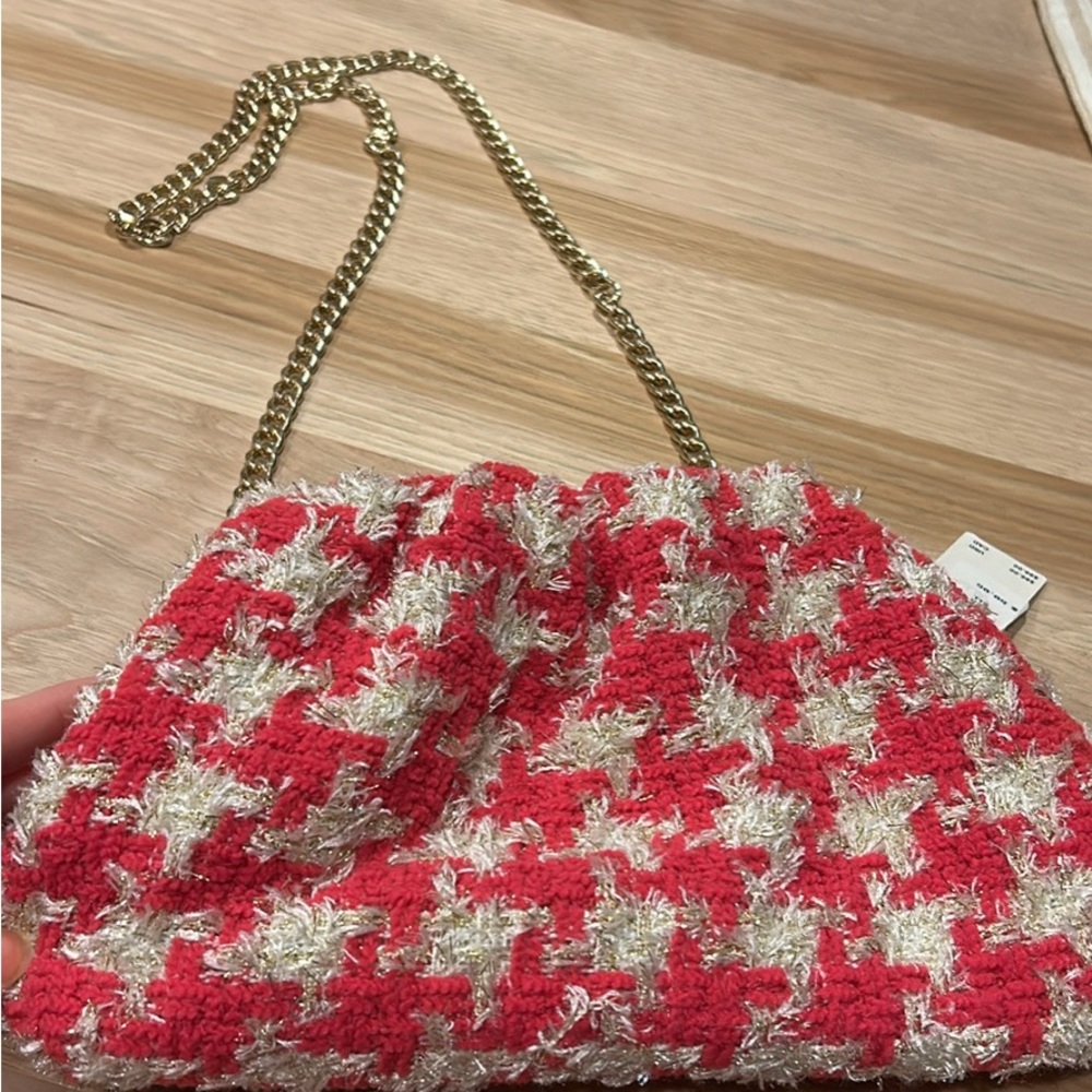 Anthropologie Chic pink and Cream Tweed Chain Bag